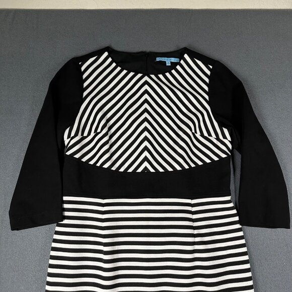 Antonio Melani 12 Black White Striped Round Neck 3/4 Sleeve Back Zip Dress - Picture 2 of 9